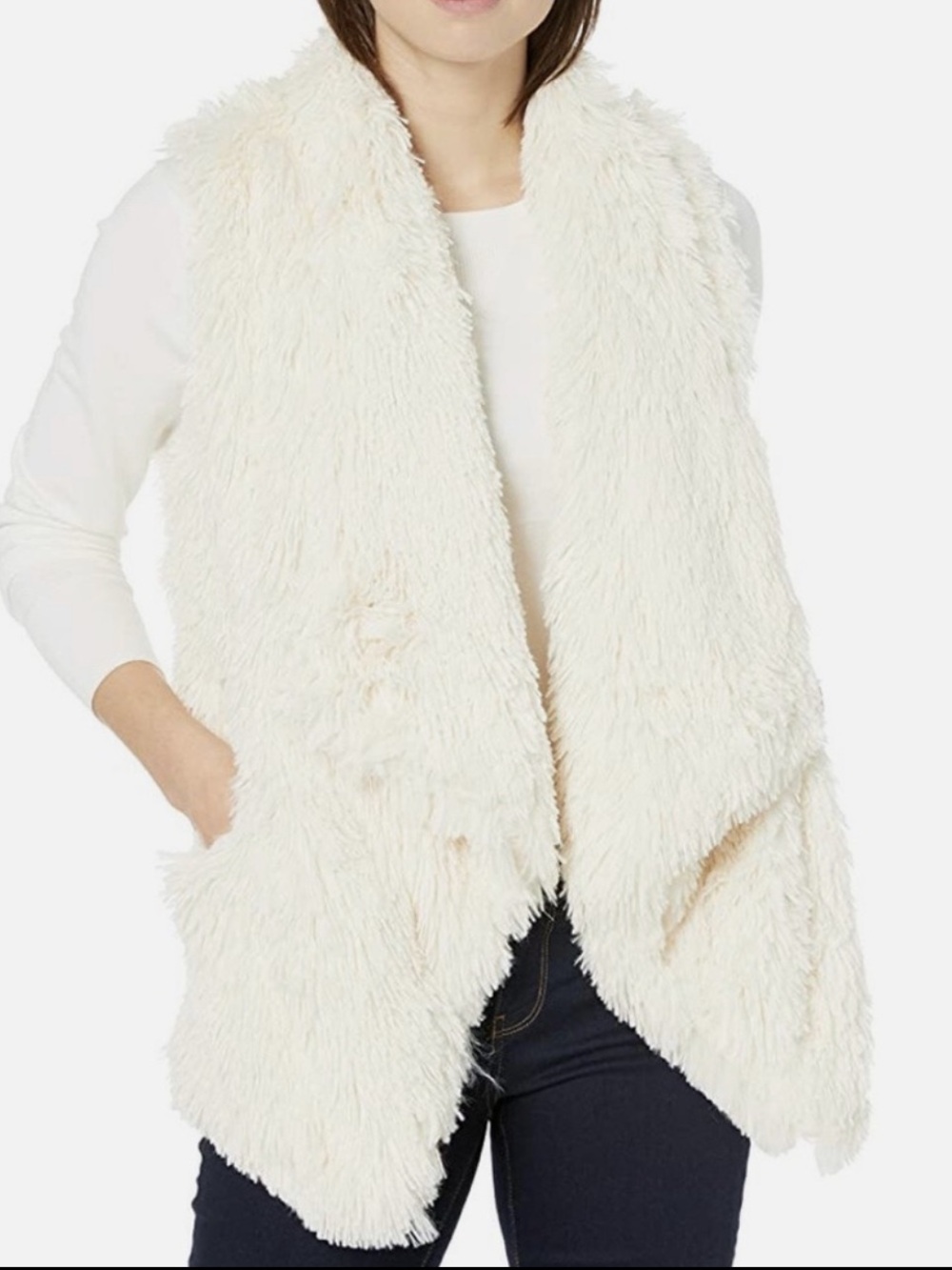 Democracy Sleeveless Draped Faux Fur Open Front Shaggy Waterfall Vest, Cream, M - Picture 1 of 8